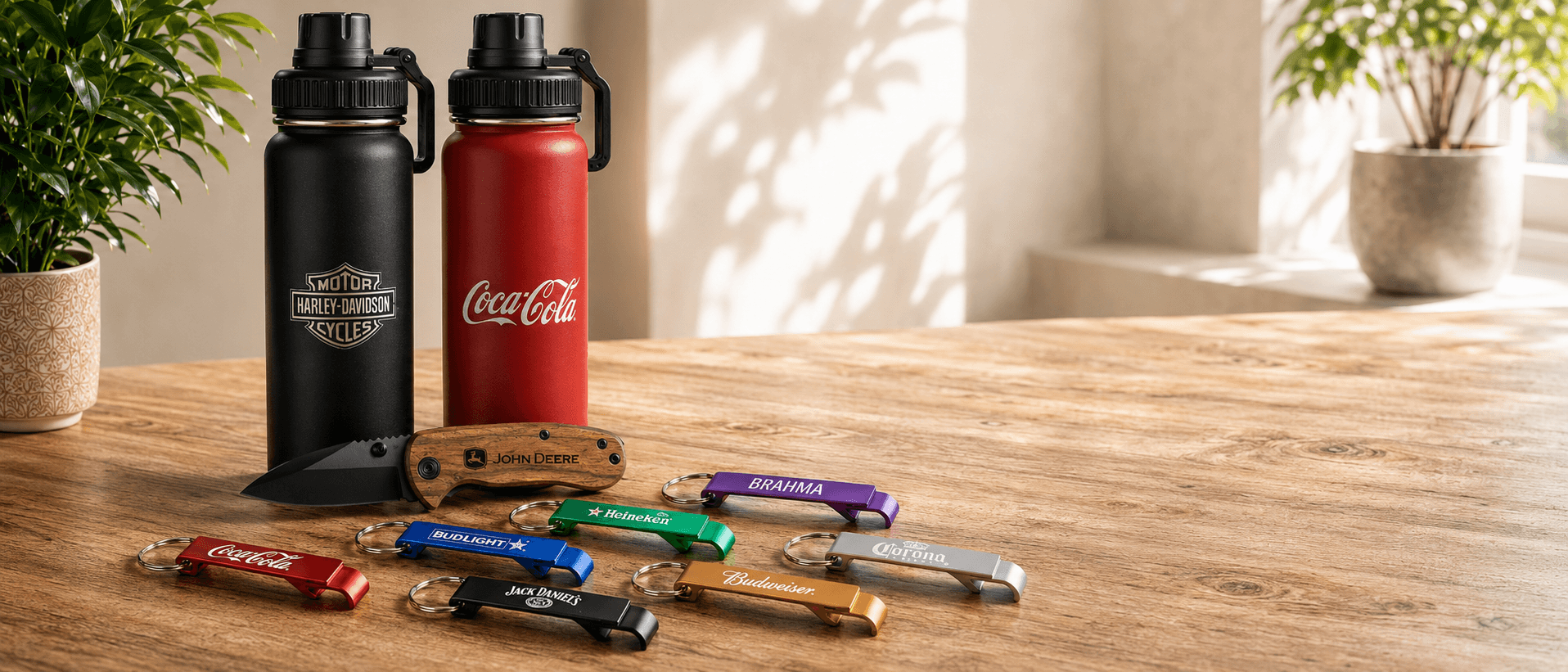 Presentes corporativos Garage766: garrafas, canivete e abridores personalizados